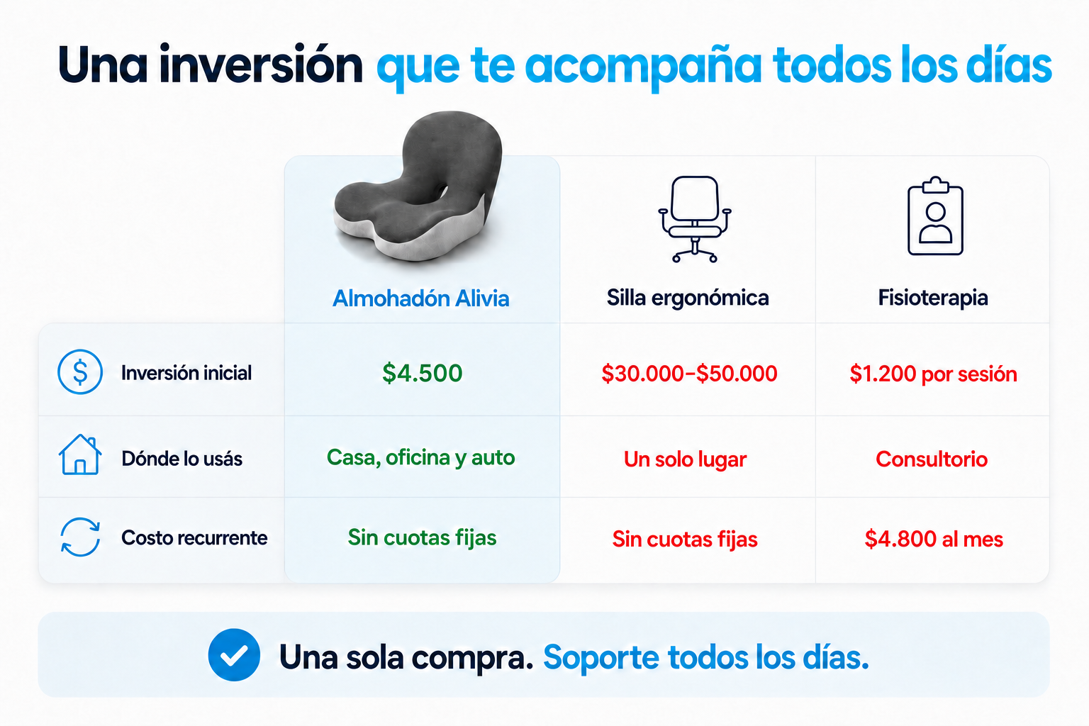 Comparativa de inversión del almohadón ortopédico Alivia frente a una silla ergonómica y fisioterapia